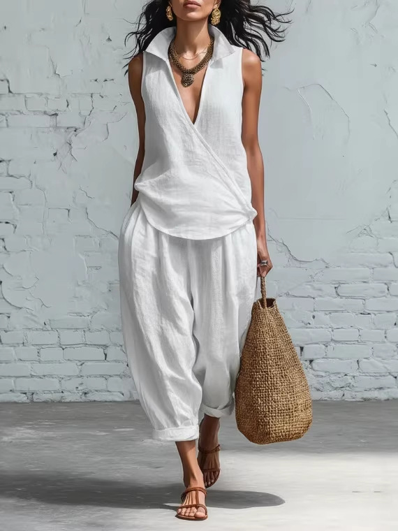Casual Grey Linen Wrap Front Sleeveless Top And Wide Leg Pants Set